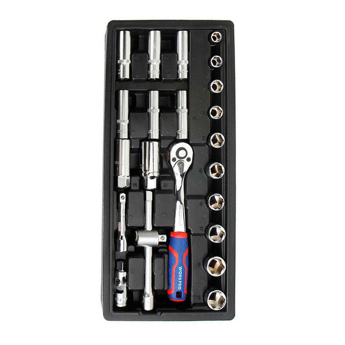 Llave De Carraca Y Vasos 3/8 Pulg, Juego 23 Piezas, Métrico