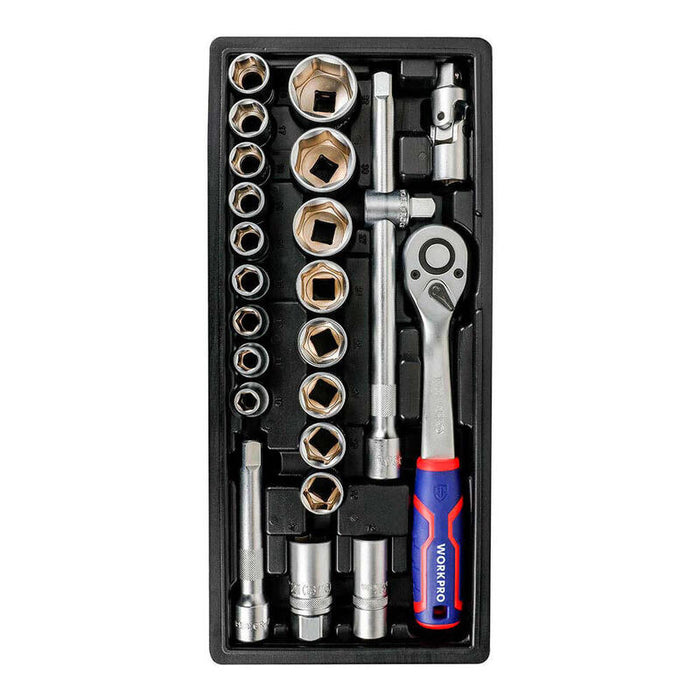 Llave De Carraca Y Vasos ½ Pulg, Juego 24 Piezas, Métrico
