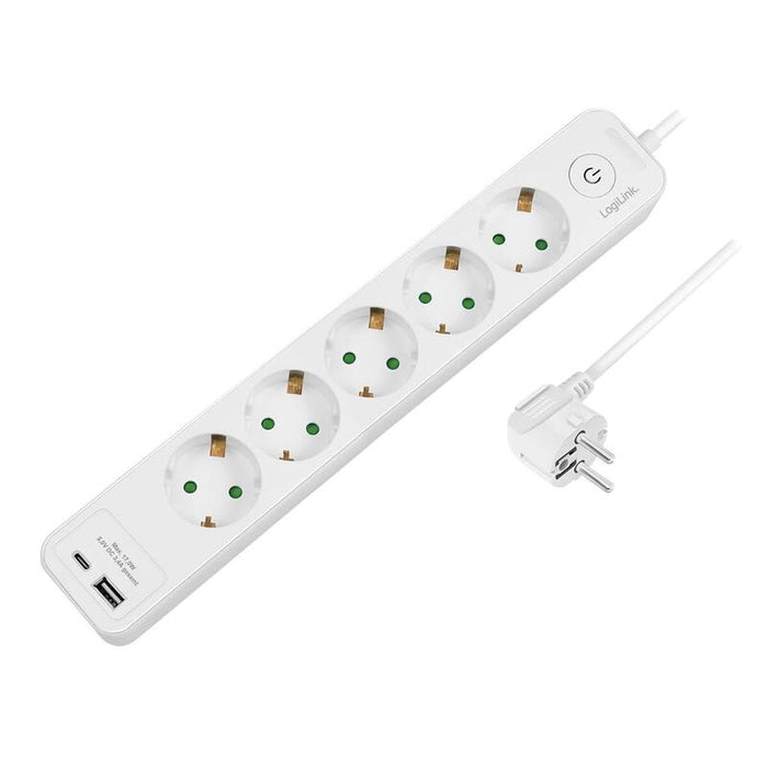 Logilink Outlet Strip, 5 Safety Sockets, W 1x Usb-A, 1x Usb-C Port, White