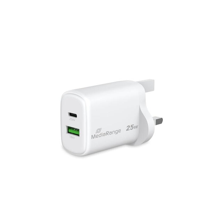 Mediarange Cargador 25w 2-Port 1x Usb-A 1x Usb-C Uk, Blanco