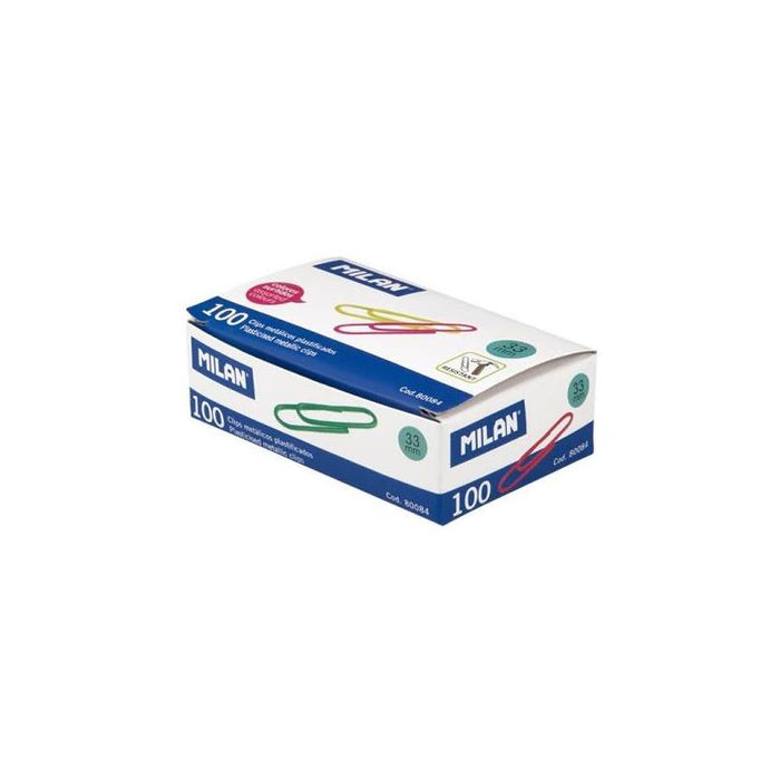 Milan Caja De 100 Clips Metalicos Plastificados 33mm - Colores Surtidos