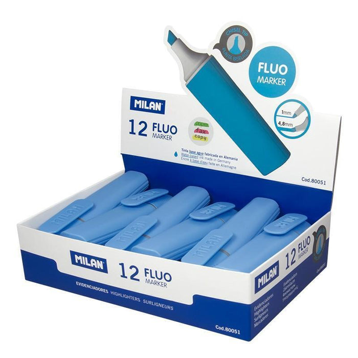 Milan Marcador Fluorescente Fluo Azul Punta Biselada Caja Expositora 12u