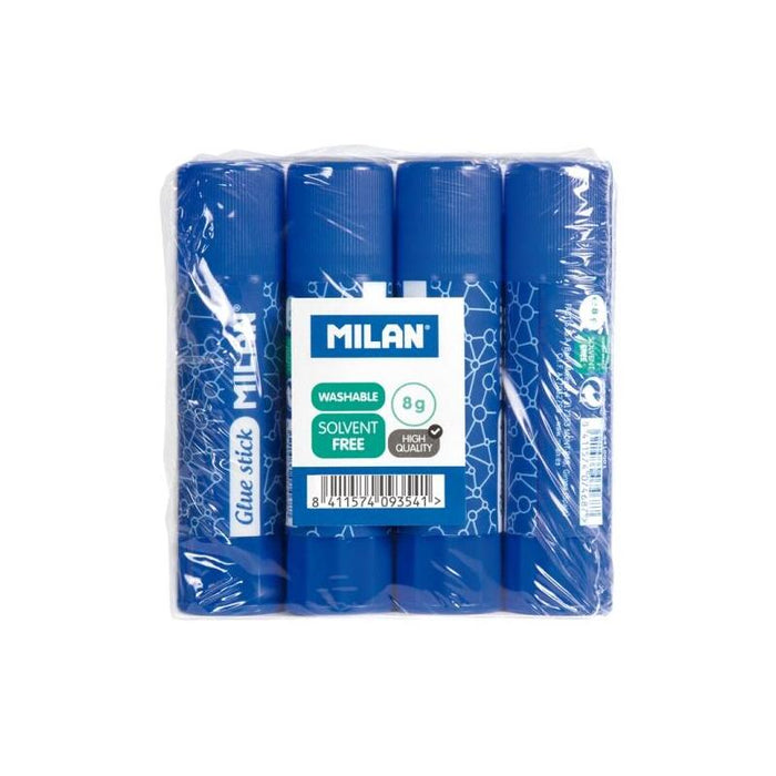 Milan Pack 4 Barras De Pegamento 8 G - Multiusos - Multisuperficies - Sin Disolventes - Uso Escolar - Azul