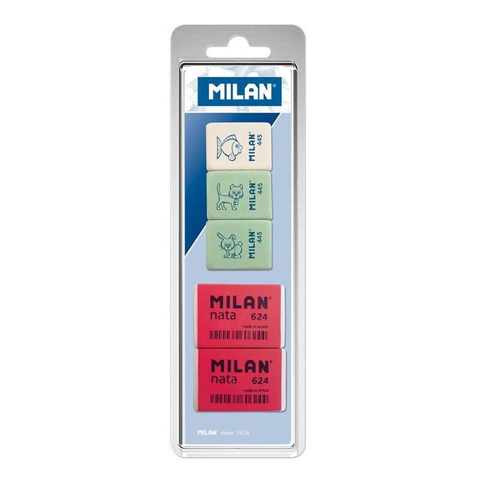 Milan Pack De 5 Gomas De Borrar, 3xgomas 445 Rectangulares + 2xgomas 624 Nata Rectangulares - Plastico - Colores Surtidos