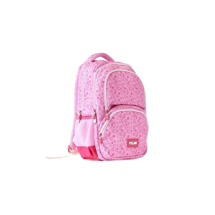 Milan Pink Flowers Mochila Escolar 25l - 3 Bolsillos Delanteros + 2 Bolsillos Laterales - Asas Regulables Y Acolchadas