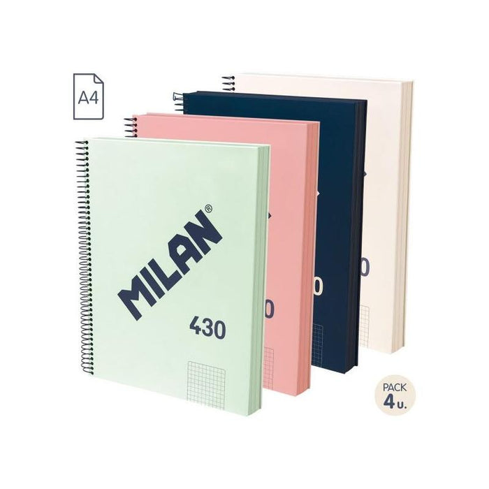 Milan Serie 1918 Pack De 4 Cuadernos Espiral Formato A4 Cuadricula 5x5mm - 120 Hojas De 95 Gr/M2 - Microperforado, 4