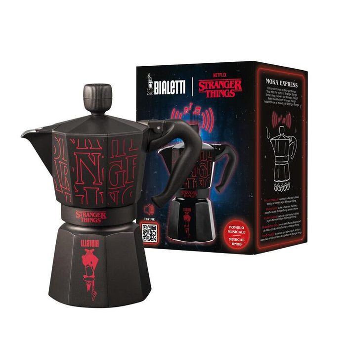 Cafetera Italiana Bialetti Moka Express Stranger Things  6 Tazas (270 Ml), Pomo Musical Con Carga Usb-C, No Apta Para Inducción, Negra