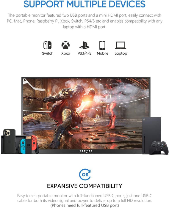 Monitor Portátil Arzopa A1 Gamut Slim De 14" Fhd Ips Con Hdmi Usb-C Para Pc Mac Xbox Ps4 Ps5