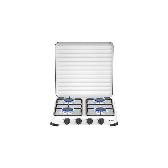 Muvip Vulcano Cocina De Gas Con 4 Fuegos - Tapa Protectora - Patas De Goma - Superficie Esmaltada - Quemador Extraible