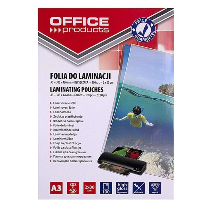 Office Products Láminas De Plastificado, A3, 2x80 ?M, Brillantes, 100 Unidades, Transparentes