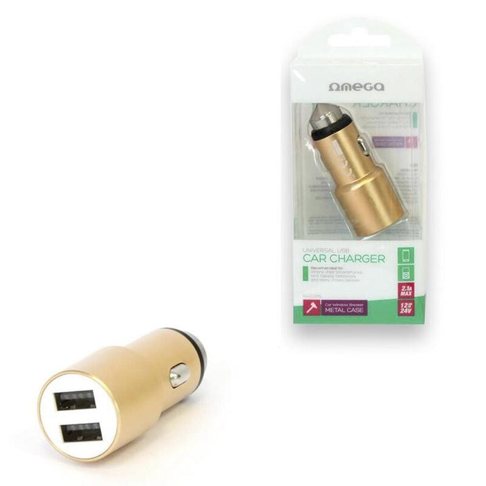 Omega Cargador Mechero Coche Metal 2xusb 5v 2.1a Dorado