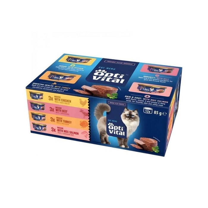 Optivital Mini Can - Multibox Para Gatos Adultos Con Sabores A Bovino, Pollo, Pavo, Los 12x85g