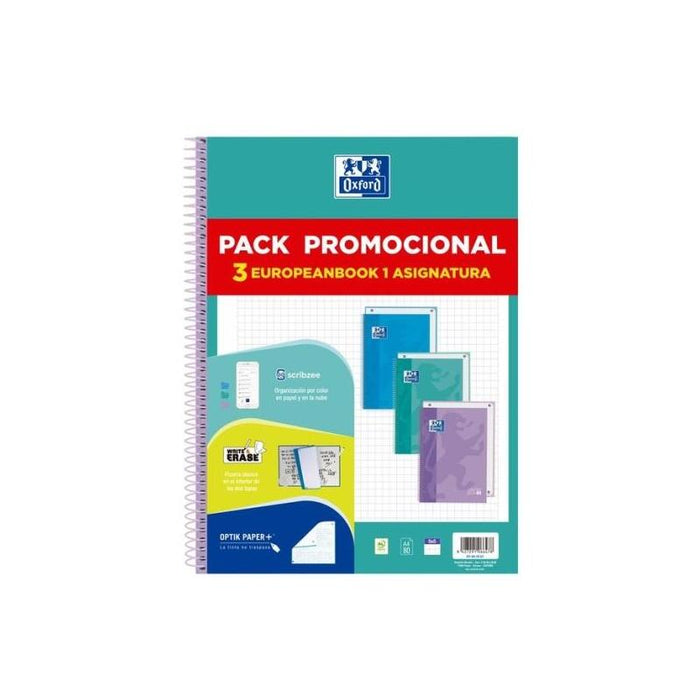 Oxford Europeanbook 1 Touch Pack De 3 Cuadernos Espiral Formato A4+ Cuadriculado 5x5mm - 80 Hojas 90gr - Tapa Extradura
