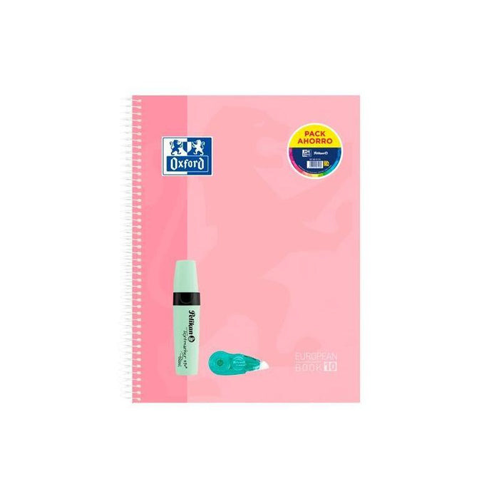Oxford Pack Cuaderno Europeanbook 10 Touch 150h A4+ 5x5 Tapa Extradura + Textmarker 490 + Fancy Roller Pastel