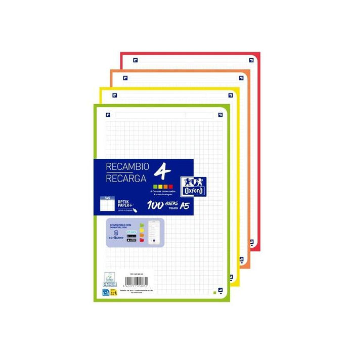 Oxford Recambios De 100 Hojas - Formato A5 - Cuadricula 5x5mm - 4 Taladros - Digitalizacion De Textos Con App - Bandas