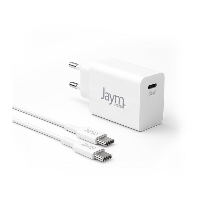 Pack Cargador De Red Compact Et Rápido *Gan* Usb-C 30w Pd Et Pps + Cable Usb-C Vers Usb-C 2m (60w) Blancos - Jaym®