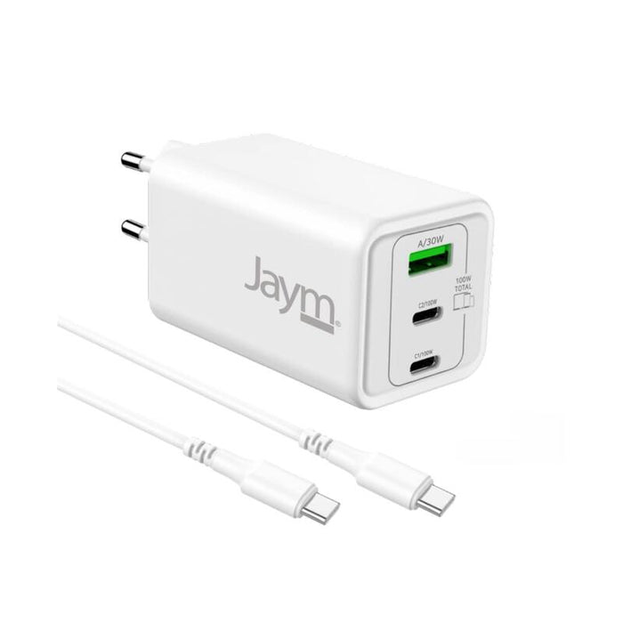 Pack Cargador De Red *Gan* 100w Max Pd-Pps : 2 Usb-C 100w / 1 Usb-A 30w + Cable 2m Usb-C Vers Usb-C (100w) - Blanco - Jaym®