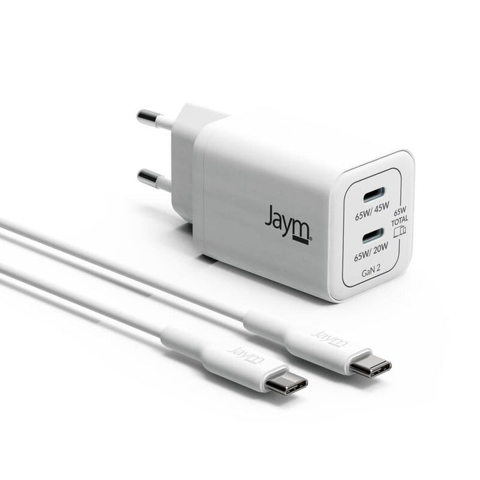 Pack Cargador De Red Rápido 2 Usb-C Gan 65w Pd-Pps (Usb-C 20w/65w + Usb-C 45w/65w) + Cable 2m C/C (100w) Blancos - Jaym®