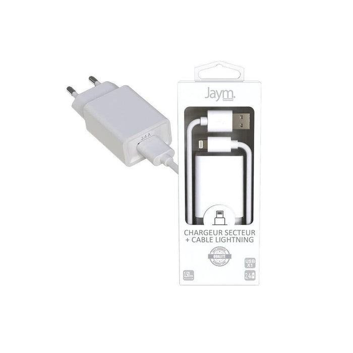 Pack Cargador De Red Usb-A + Cable Usb-A Vers Lightning 1.5m - Blancos - Jaym® Pop