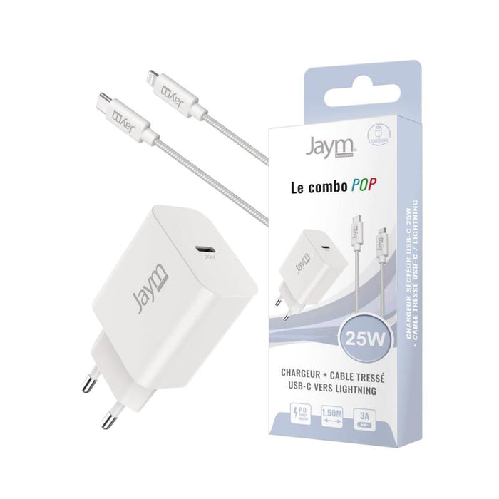 Pack Cargador De Red Usb-C Pd 25w + Cable Tressé Usb-C Vers Lightning 1.5m - Blanco - Jaym® Pop