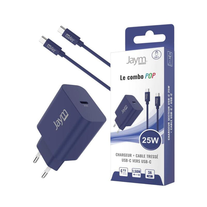 Pack Cargador De Red Usb-C Pd 25w + Cable Tressé Usb-C Vers Usb-C 1.5m (60w) - Azul Marine - Jaym® Pop