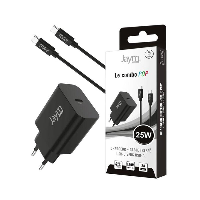 Pack Cargador De Red Usb-C Pd 25w + Cable Tressé Usb-C Vers Usb-C 1.5m (60w) - Negro - Jaym® Pop