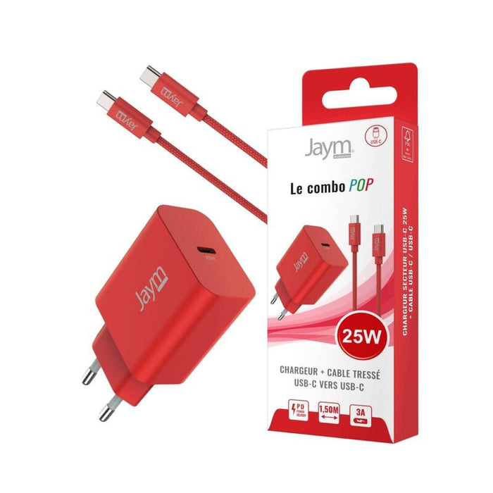 Pack Cargador De Red Usb-C Pd 25w + Cable Tressé Usb-C Vers Usb-C 1.5m (60w) - Rojo - Jaym® Pop