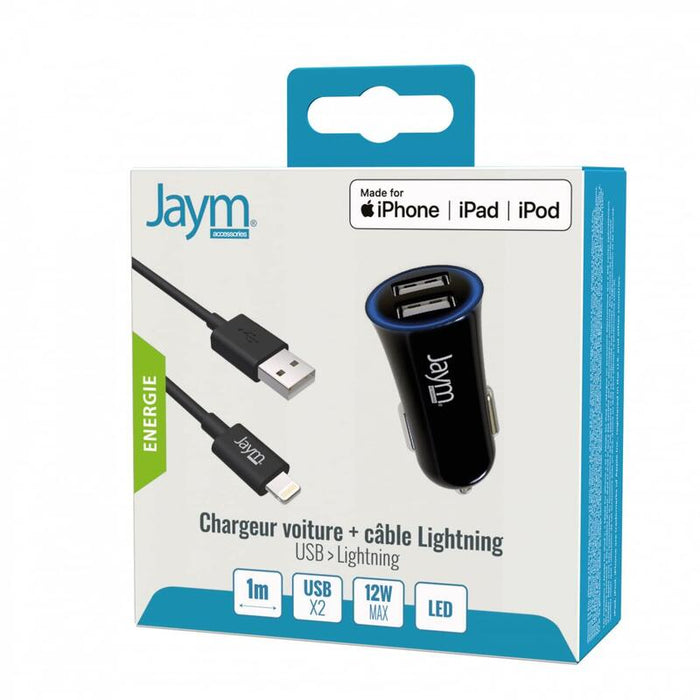 Pack Cargador Voiture 2 Usb-A 12w 12-24v + Cable Usb-A Vers Lightning Mfi 1m Negros - Jaym®**