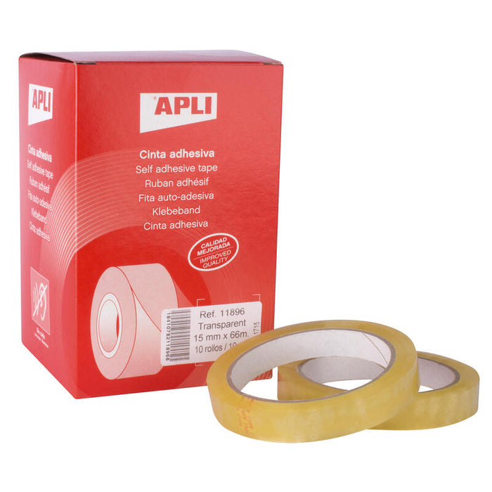 Pack De 10 Unidades Apli Cinta Adhesiva Transparente 15mm X 66m - Resistente Al Agua Y A La Intemperie - Facil De Cortar Con Las Manos - Ideal Para Manualidades Y Embalaje Transparente