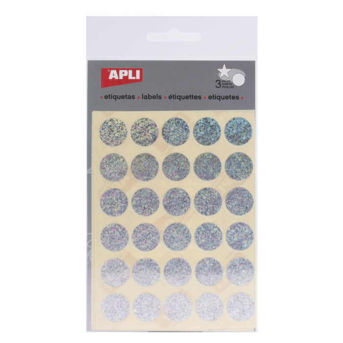 Pack De 10 Unidades Apli Gomets Redondos Holograficos Ø 20mm - Adhesivo Permanente - 90 Gomets En 3 Hojas - Desarrollo De Habilidades Y Creatividad - Normas De Calidad Y Seguridad - Reciclables