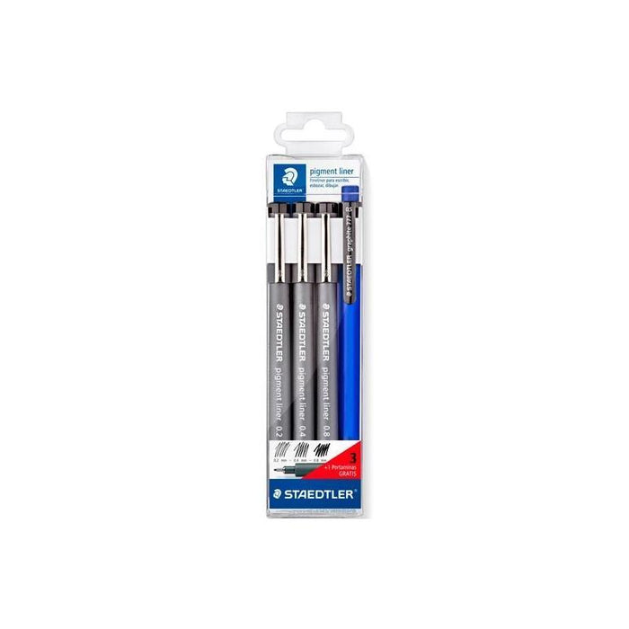 Pack De 10 Unidades Staedtler Rotulador Pigment Liner Negro Estuche 3 Ud + 1 Portaminas De Regalo