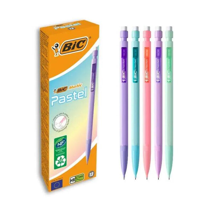 Pack De 12 Unidades Bic Matic Pastel Portaminas 0.7mm Hb Con Goma - Punta Retractil - Cuerpo De Colores Pastel Surtidos