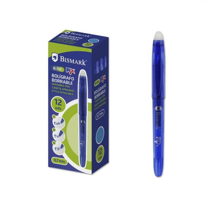 Pack De 12 Unidades Bismark Fix Boligrafo Borrable - Punta Fina 0.7mm - Con Capuchon - Color Azul