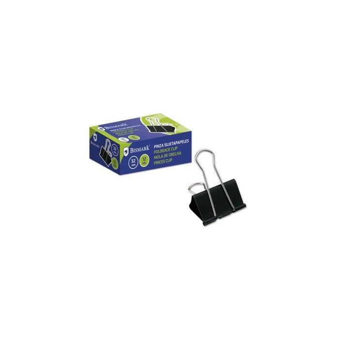Pack De 12 Unidades Bismark Pinza Sujetapapeles Metalica De 32mm - Pala Abatible - Color Negro