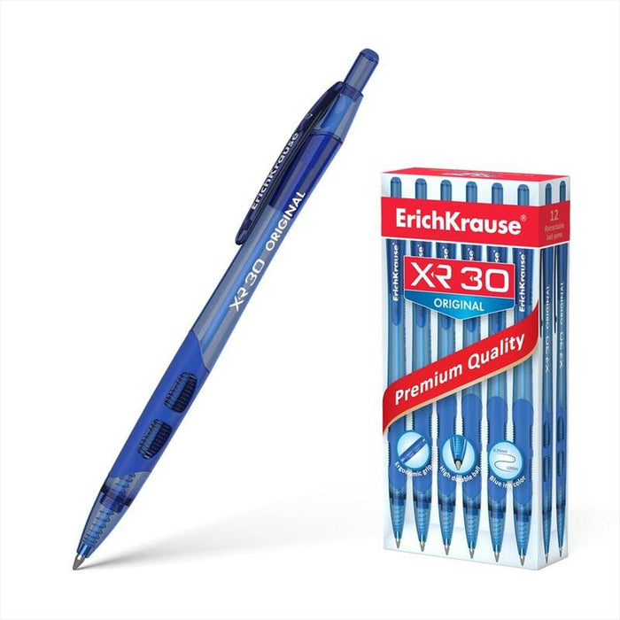 Pack De 12 Unidades Erichkrause Boligrafo Automatico Xr-30 - Cuerpo Translucido Redondo - Zona De Agarre Ergonomica - Punta De 5 Canales - Tinta De Secado Rapido - Color Azul