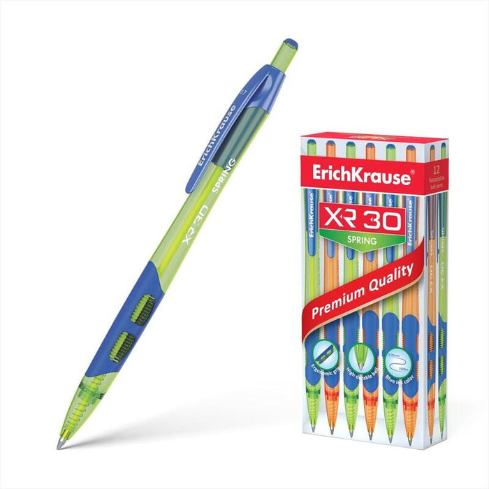 Pack De 12 Unidades Erichkrause Boligrafo Automatico Xr-30 Spring - Cuerpo Translucido De Colores Neon - Punta De 07mm - Tinta De Secado Rapido - Color Azul