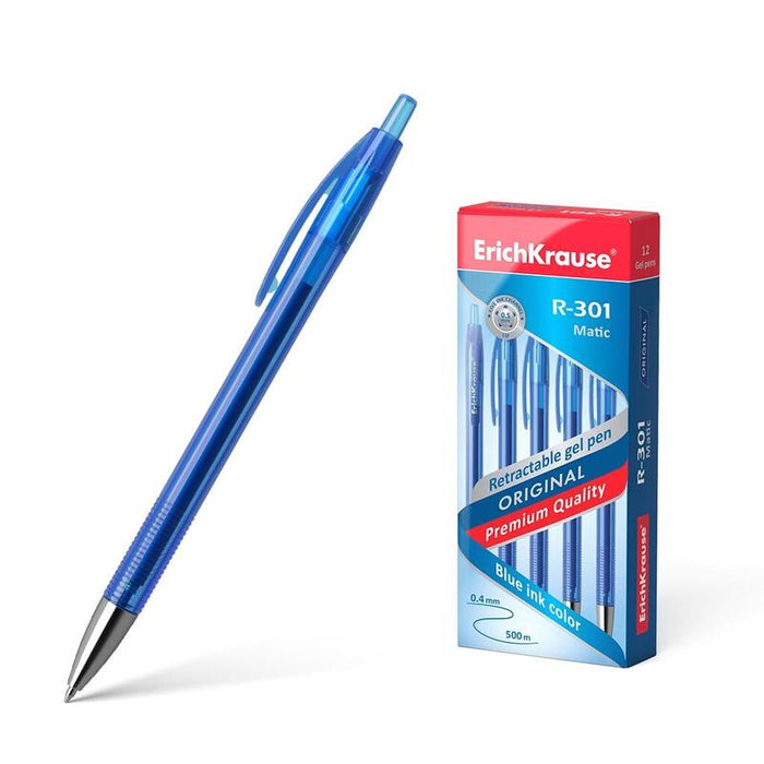Pack De 12 Unidades Erichkrause Boligrafo De Gel Automatico R-301 Original Gel Matic - Tinta De Gel De Secado Rapido - Cuerpo Transparente Con Grip Perfilado - Color Azur