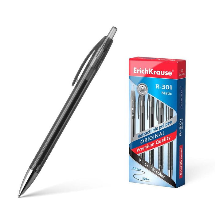 Pack De 12 Unidades Erichkrause Boligrafo De Gel Automatico R-301 Original Gel Matic - Tinta De Gel De Secado Rapido - Cuerpo Transparente Con Grip Perfilado - Color Negro