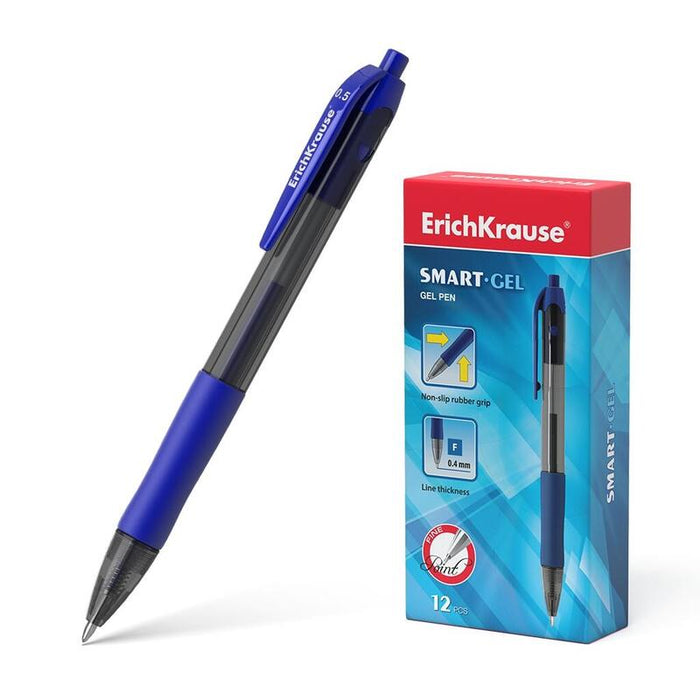 Pack De 12 Unidades Erichkrause Boligrafo De Gel Automatico Smart-Gel - Cuerpo Translucido Redondo - Punta De 05mm - Tinta De Gel De Secado Rapido - Color Azul