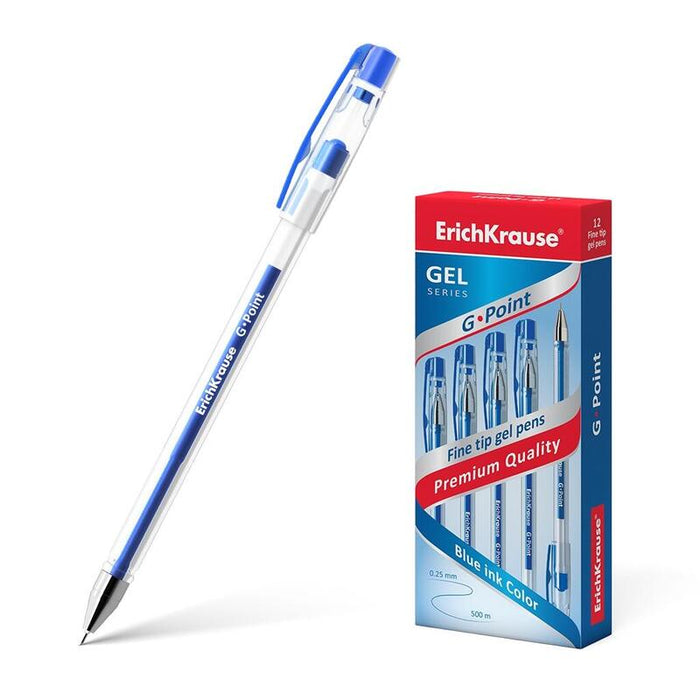 Pack De 12 Unidades Erichkrause Boligrafo De Gel G-Point - Punta De Aguja De 0,38mm - Tinta De Gel De Secado Rapido - Cuerpo Transparente - Color Azul
