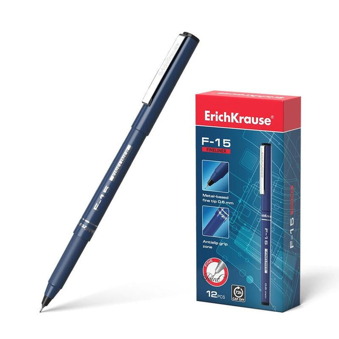 Pack De 12 Unidades Erichkrause Boligrafo De Trazo Fino F-15 - Tinta Color Negro - Pluma Estilografica Stick - Clip Metalico - Punta Fina - Longitud De Linea Continua De 400m - Espesor De 06mm - Color Del Tapon Coincide Con La Tinta