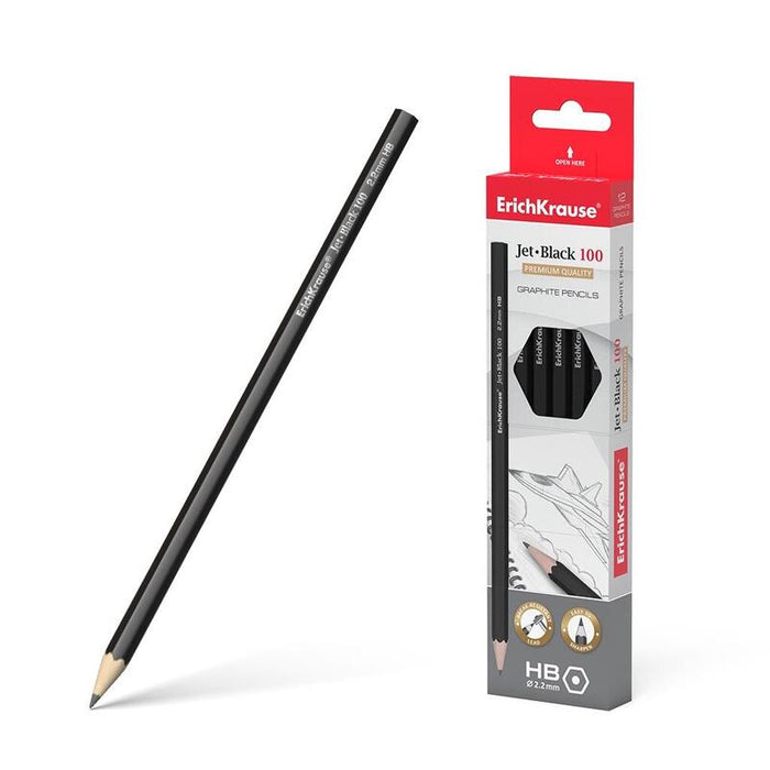 Pack De 12 Unidades Erichkrause Jet - Lapiz De Grafito Hexagonal - Dureza Hb - Color Negro