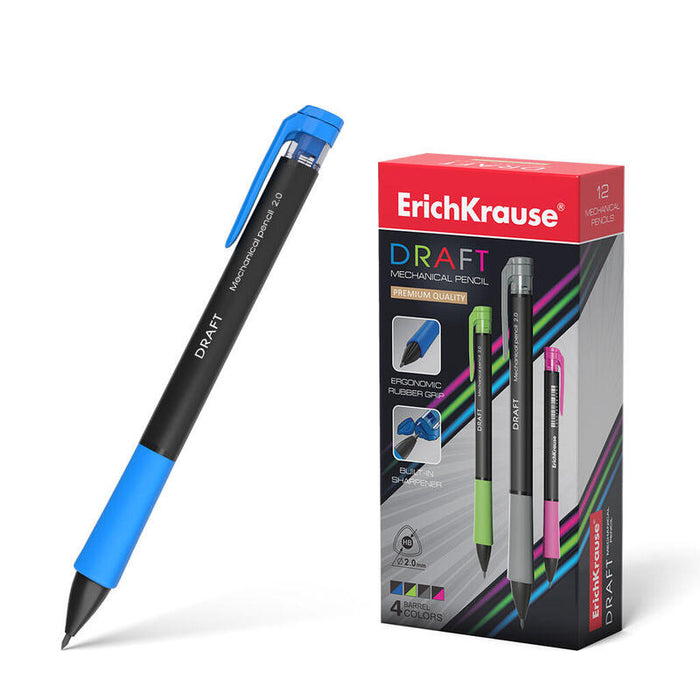 Pack De 12 Unidades Erichkrause Lapiz Mecanico Draft 20 Mm - Ergonomico Y Triangular - Boquilla Retractil - Agarre De Goma - Con Afilador - Dureza Hb - Color Negro