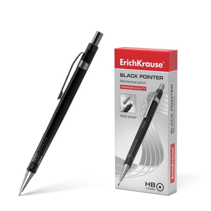 Pack De 12 Unidades Erichkrause Portaminas Black Pointer 05 Mm - Estilo Clasico Con Detalles De Metal - Boquilla Retractil - Dureza Hb - Minas De 05 Mm - Color Negro