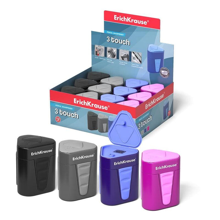 Pack De 12 Unidades Erichkrause Sacapuntas De Plastico 3-Touch Con Deposito Y Tapa - Contenedor Grande Para Virutas - Bordes De Goma Antideslizantes - Color Surtido