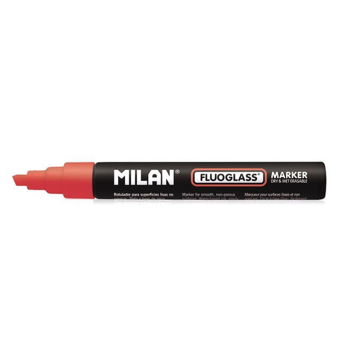Pack De 12 Unidades Milan Fluoglass Rotulador Superficies Lisas (No Porosas) - Punta Biselada - Trazo De 2 A 4mm - Tinta Al Agua - Borrado Facil - Color Rojo