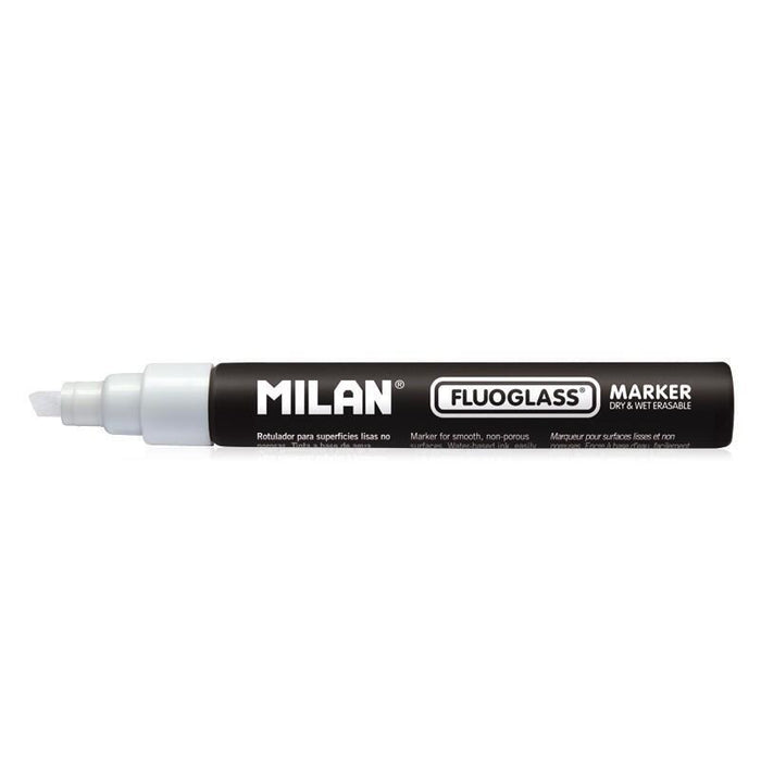 Pack De 12 Unidades Milan Fluoglass Rotulador Superficies Lisas - Punta Biselada - Trazo De 2 - 4mm - Tinta Al Agua - Borrado Facil - Color Blanco