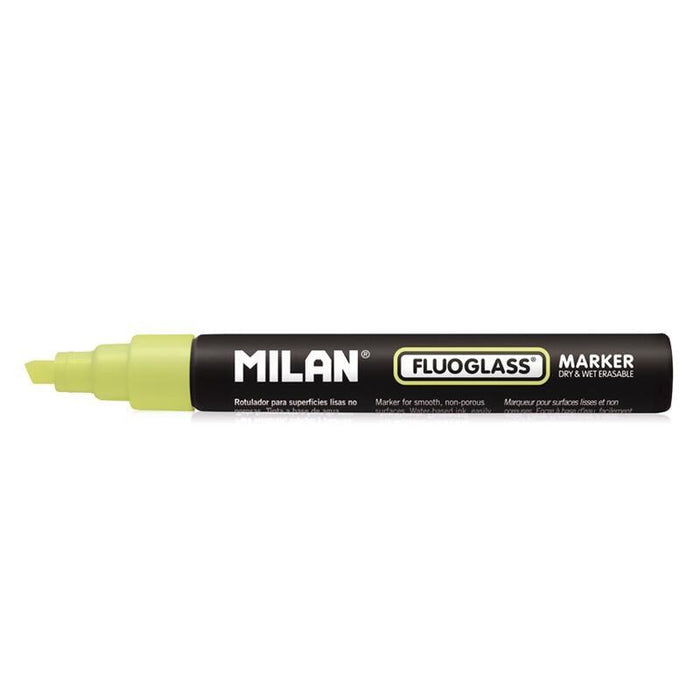 Pack De 12 Unidades Milan Fluoglass Rotulador Superficies Lisas - Punta Biselada - Trazo De 2 - 4mm - Tinta Al Agua - Borrado Facil - Color Verde