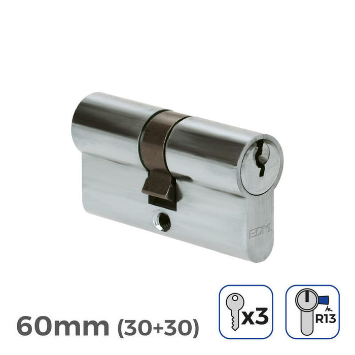 Pack De 2 Unidades - Bombin Niquel 60mm (30+30mm) Leva Corta R13 Con 3 Llaves De Serreta Incluidas Edm