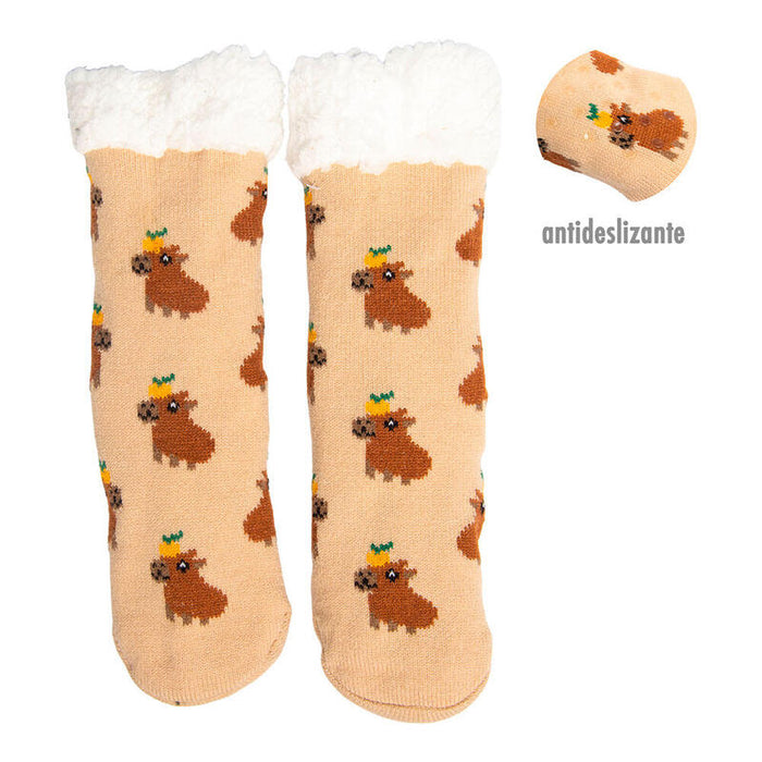 Pack De 2 Unidades - Calcetines Capibara Estampados Antideslizantes Con Forro De Borreguito Suave, Talla 30 - 35